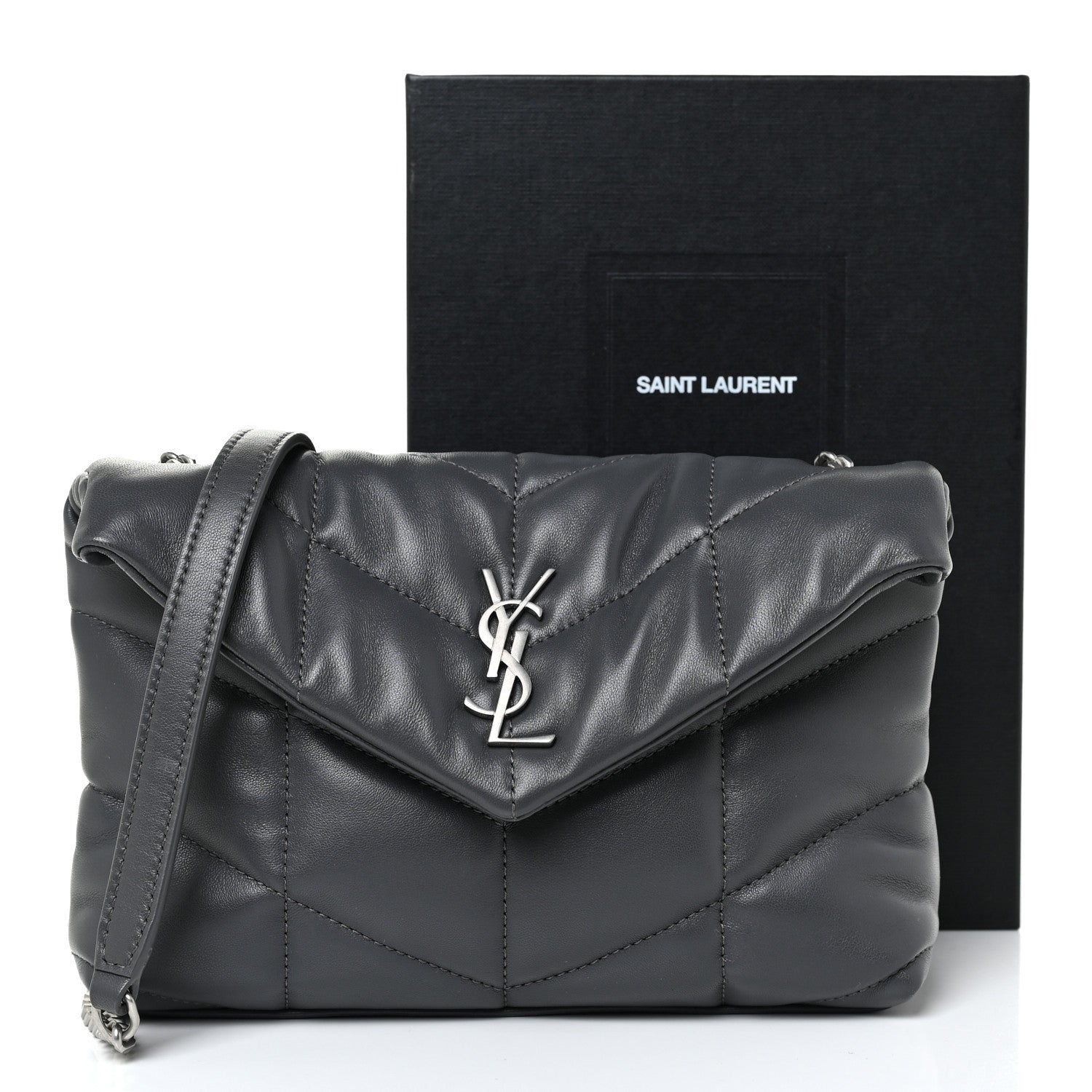 Saint Laurent Lambskin Quilted Toy Loulou Puffer Monogram Chain Satchel Storm 13 of 13