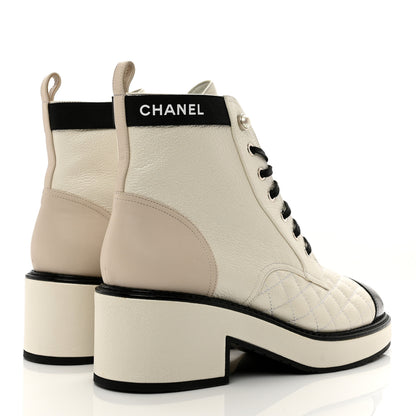Chanel Pearly Calfskin Patent Calfskin Quilted Lace Up Boots 39 White Light Gray Black 4 of 9