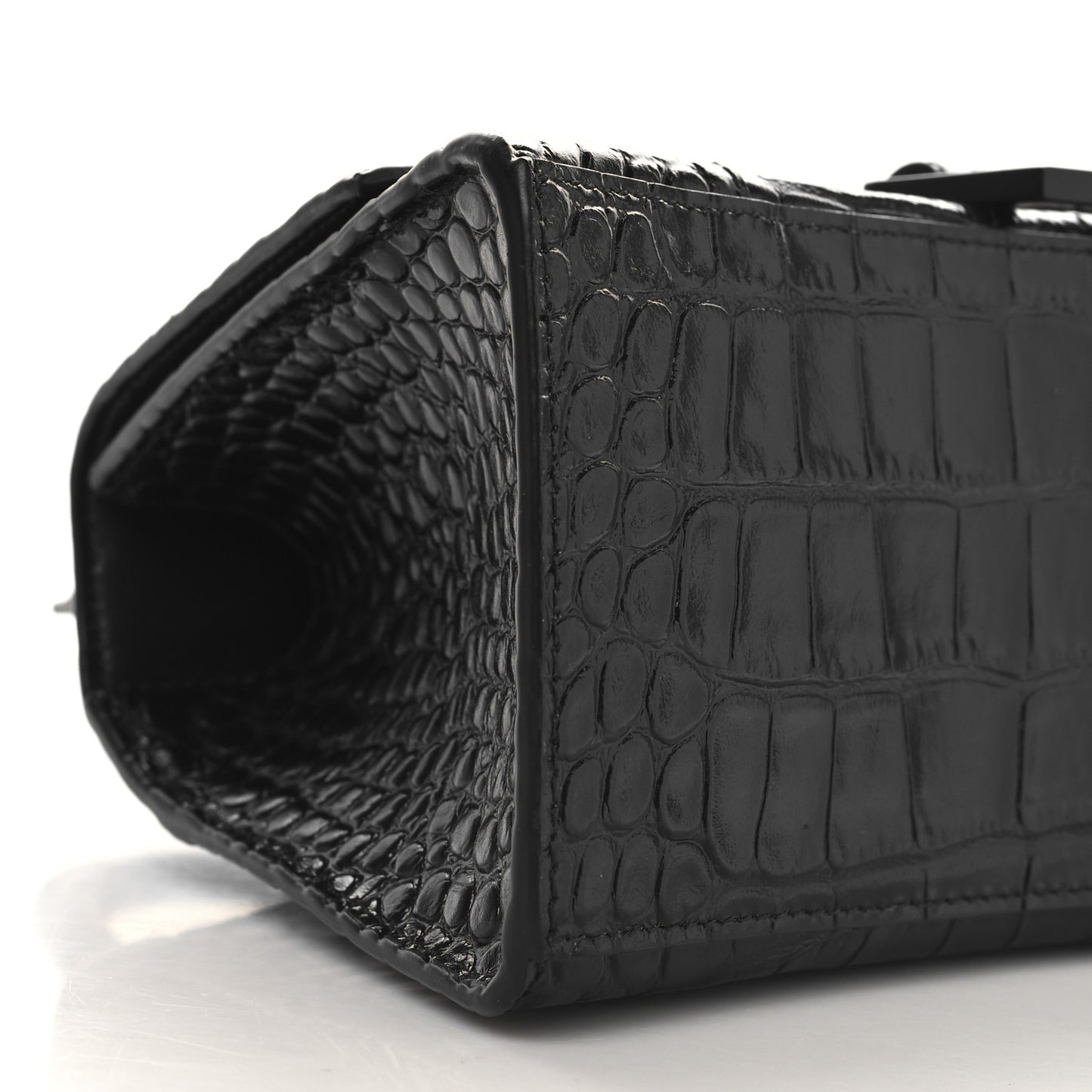 Shiny Calfskin Monochrome Crocodile Embossed Small Hourglass Top Handle Bag Black