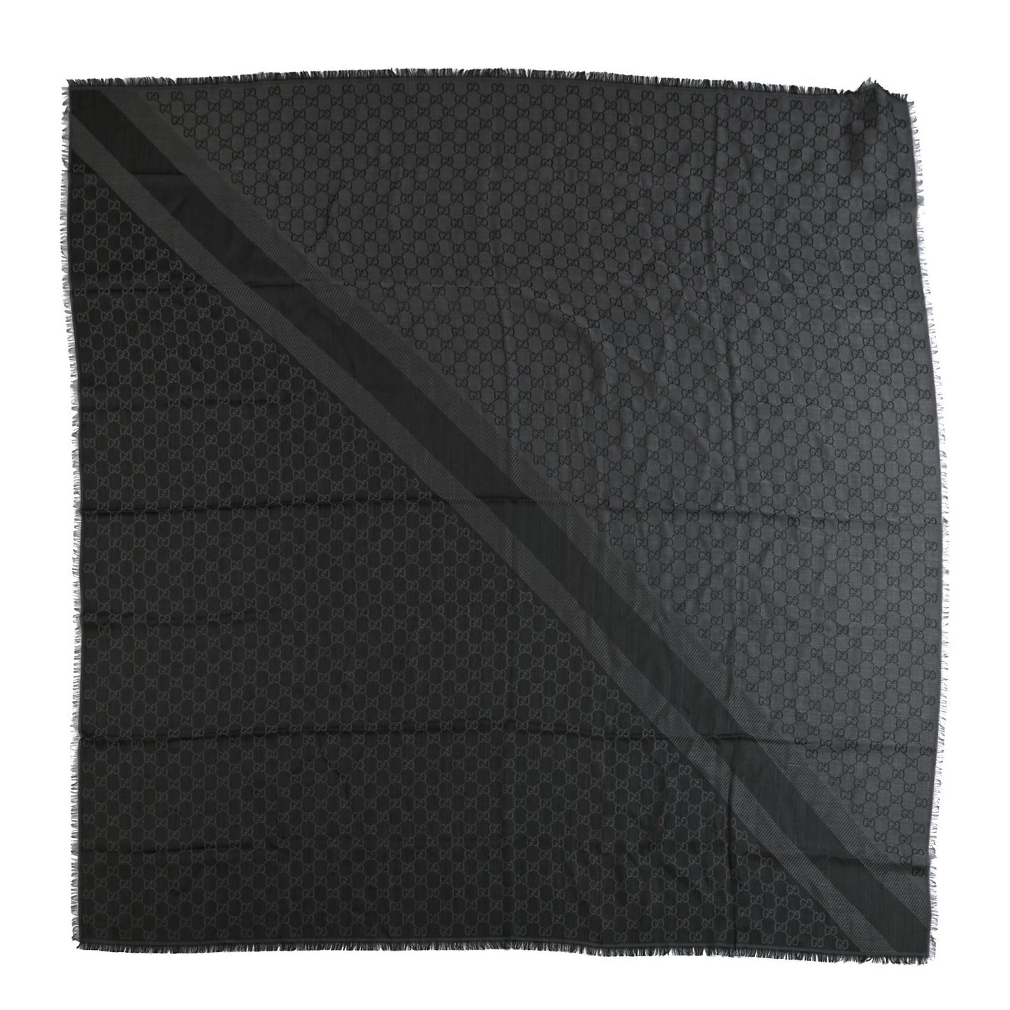 Wool Silk Monogram GGWeb Fringe Shawl Black Medium Grey