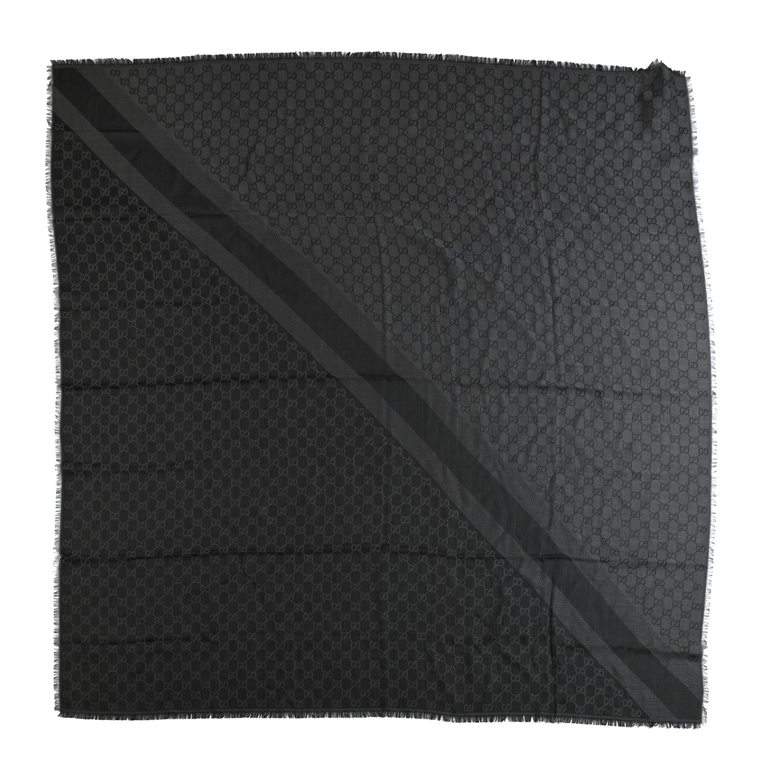 Gucci Wool Silk Monogram GGWeb Fringe Shawl Black Medium Grey 1 of 3