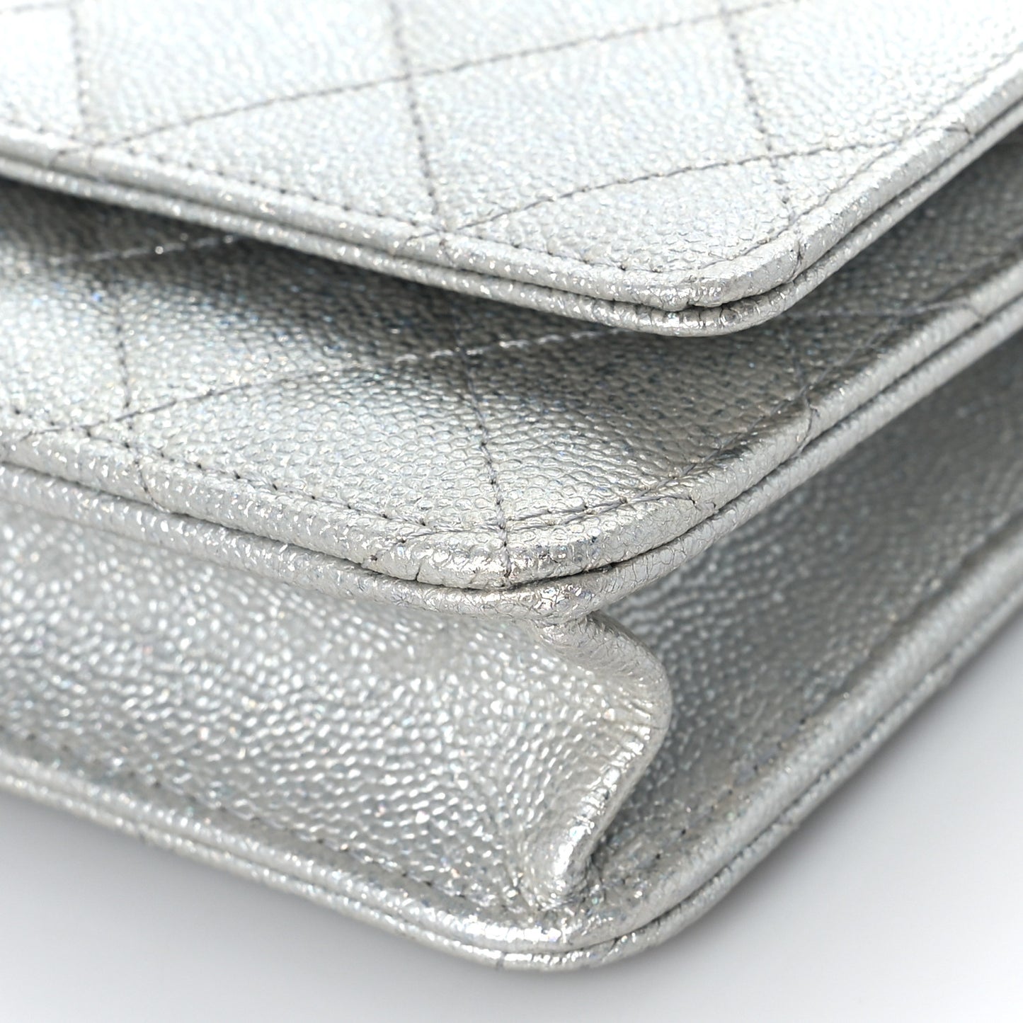 Metallic Caviar Quilted Wallet on Chain WOC Silver