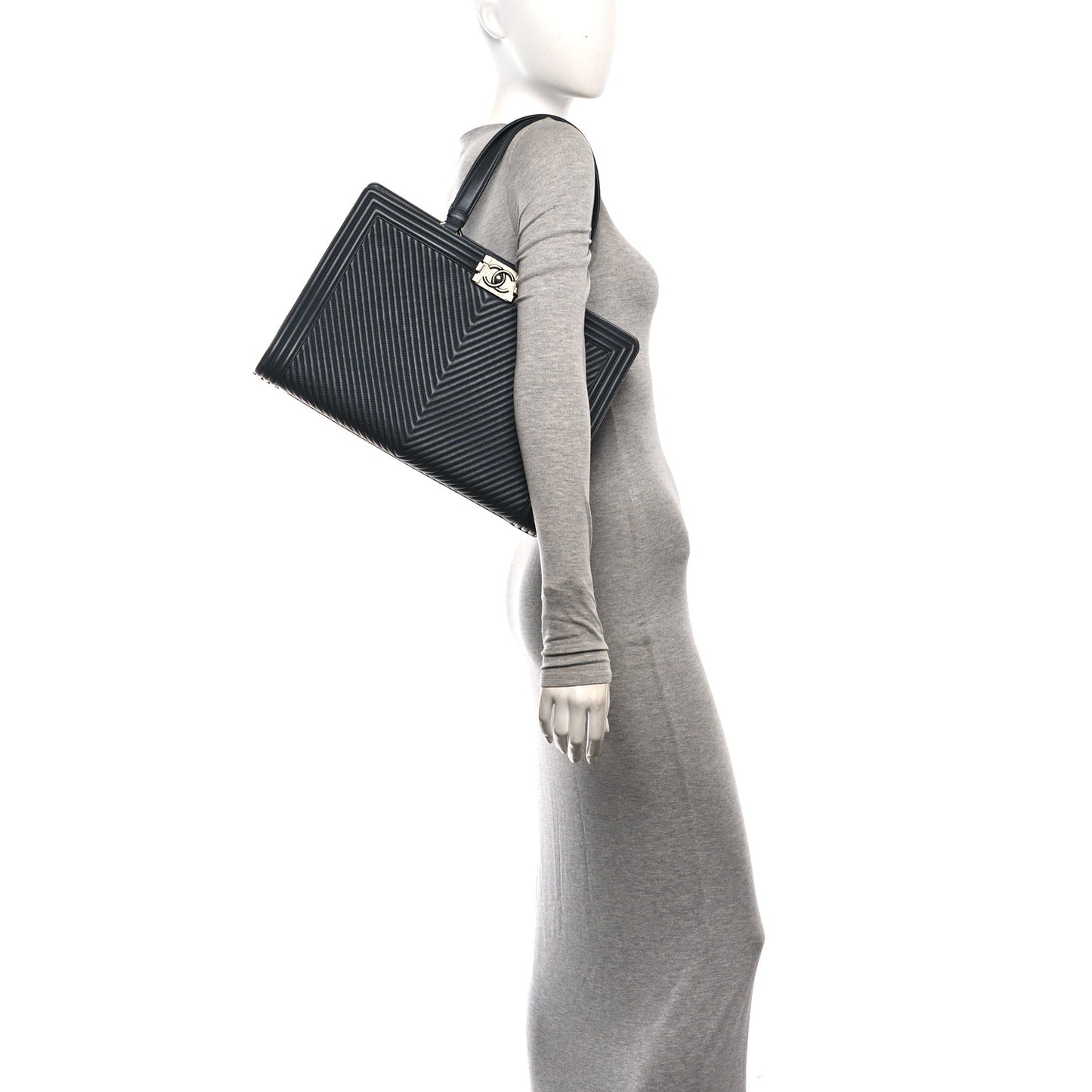 Calfskin Chevron Quilted Boy Shopping Tote Grey