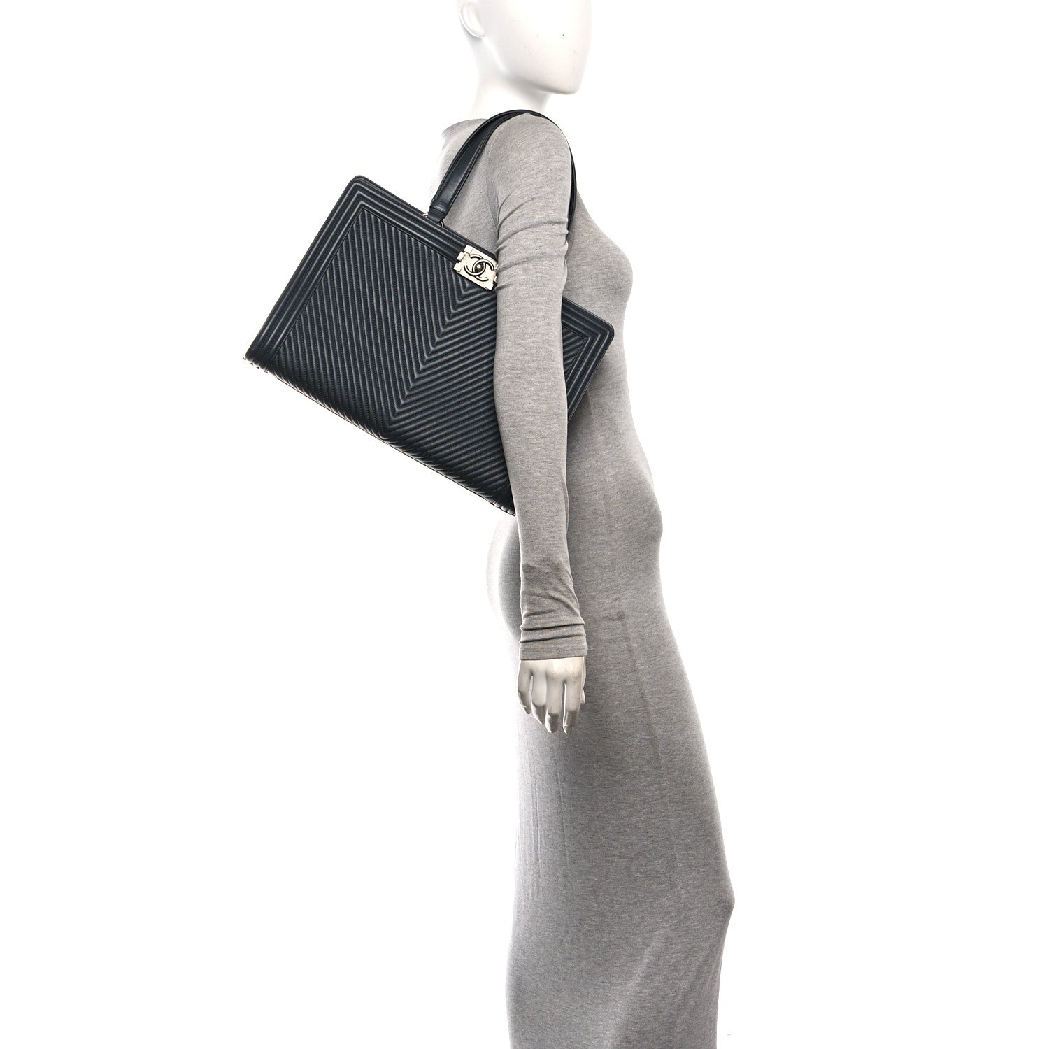 Chanel Calfskin Chevron Quilted Boy Shopping Tote Grey 2 of 10