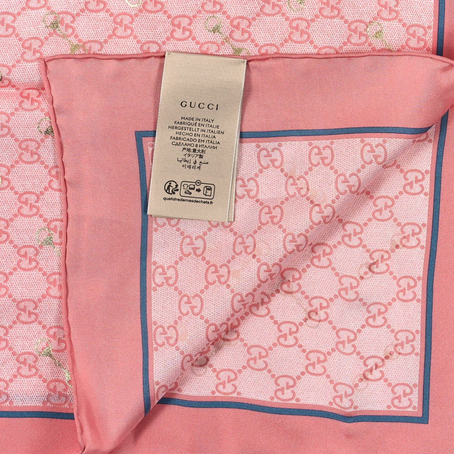 Gucci Silk Twill GG Monogram GG Gold Horsebit Square Scarf Pink Sky Blue 3 of 3