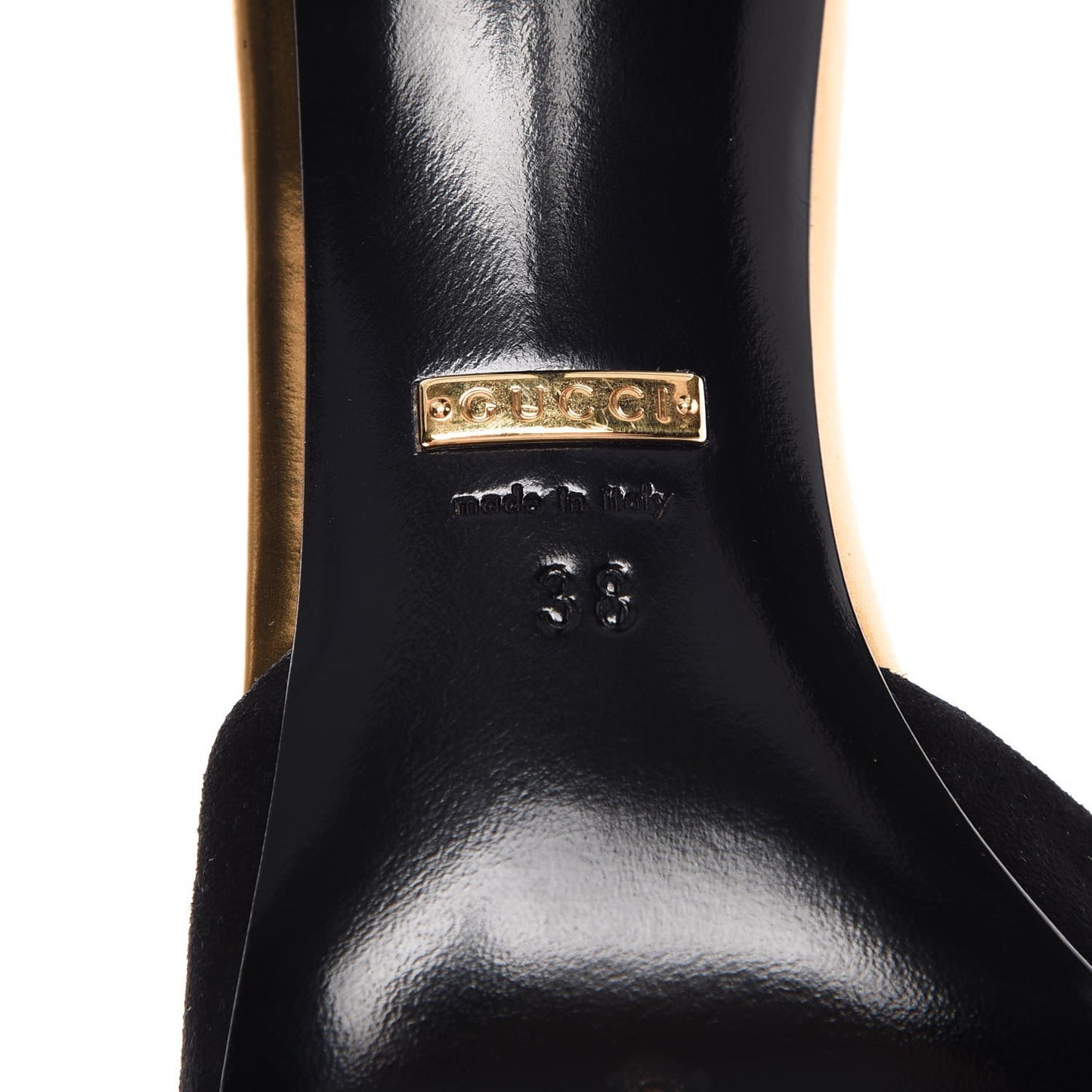 Suede Metallic Cap Toe T-Strap Coline Pumps 38 Black Gold