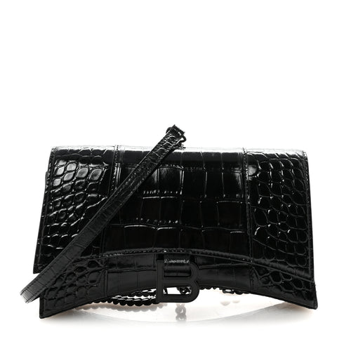 Shiny Calfskin Monochrome Crocodile Embossed Small Hourglass Evening Chain Bag Black