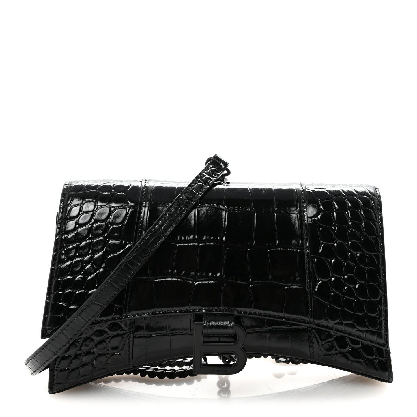 Shiny Calfskin Monochrome Crocodile Embossed Small Hourglass Evening Chain Bag Black