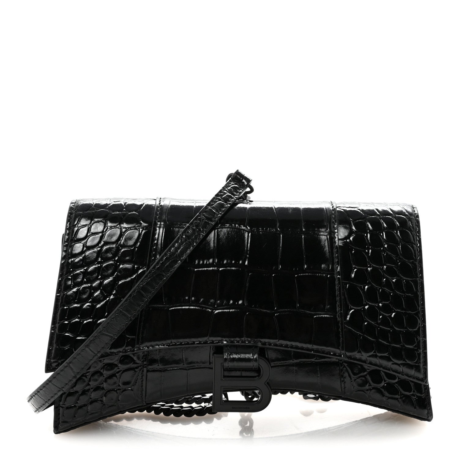 Balenciaga Shiny Calfskin Monochrome Crocodile Embossed Small Hourglass Evening Chain Bag Black 1 of 9