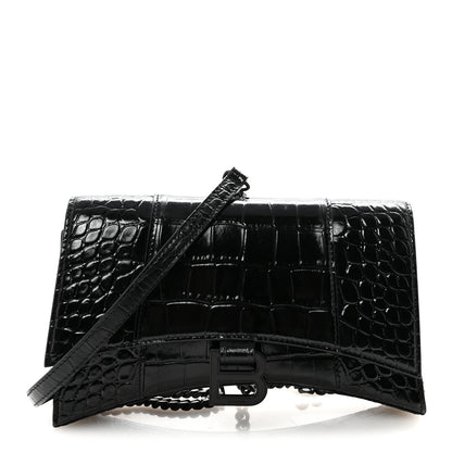 Balenciaga Shiny Calfskin Monochrome Crocodile Embossed Small Hourglass Evening Chain Bag Black 1 of 9