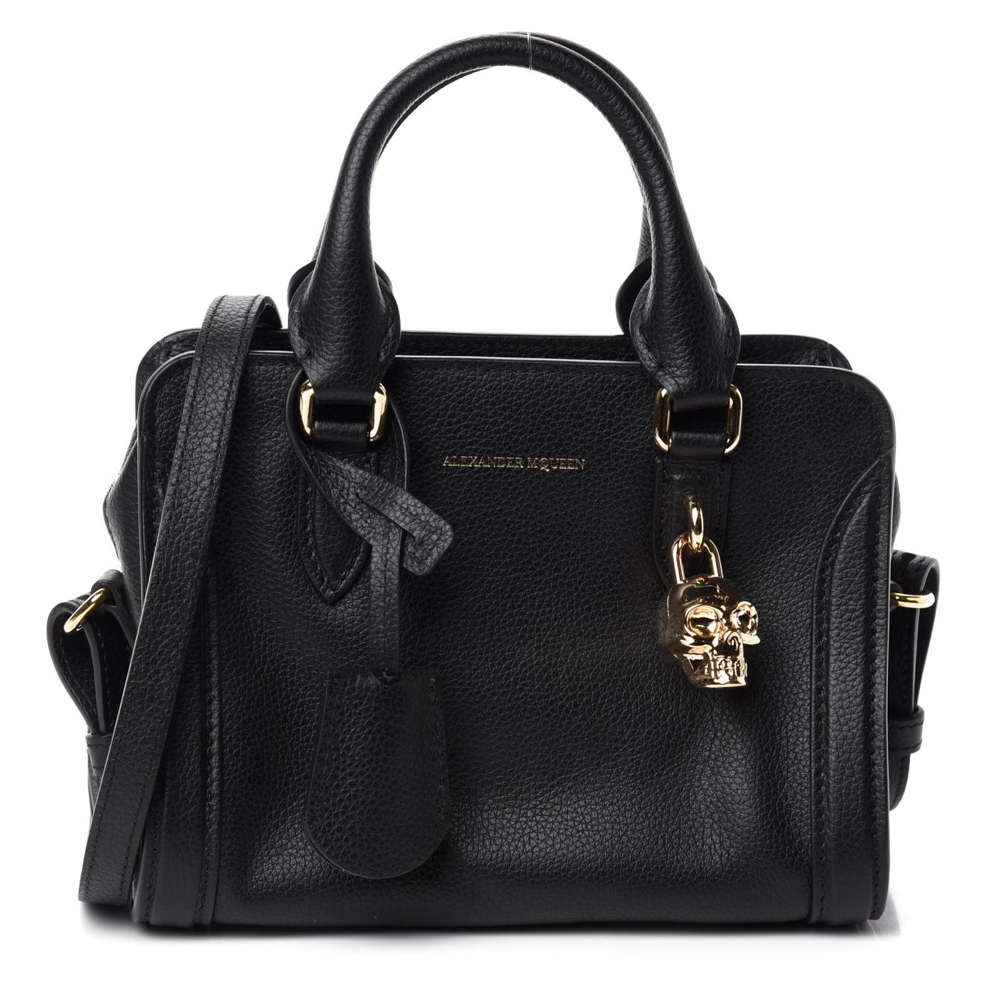 Pebbled Calfskin Mini Skull Padlock Zip Around Tote Black