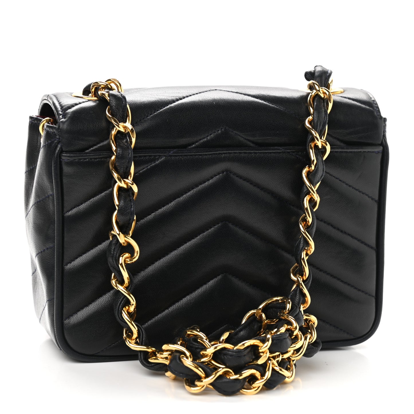 Lambskin Chevron Quilted Mini Square Flap Navy Blue