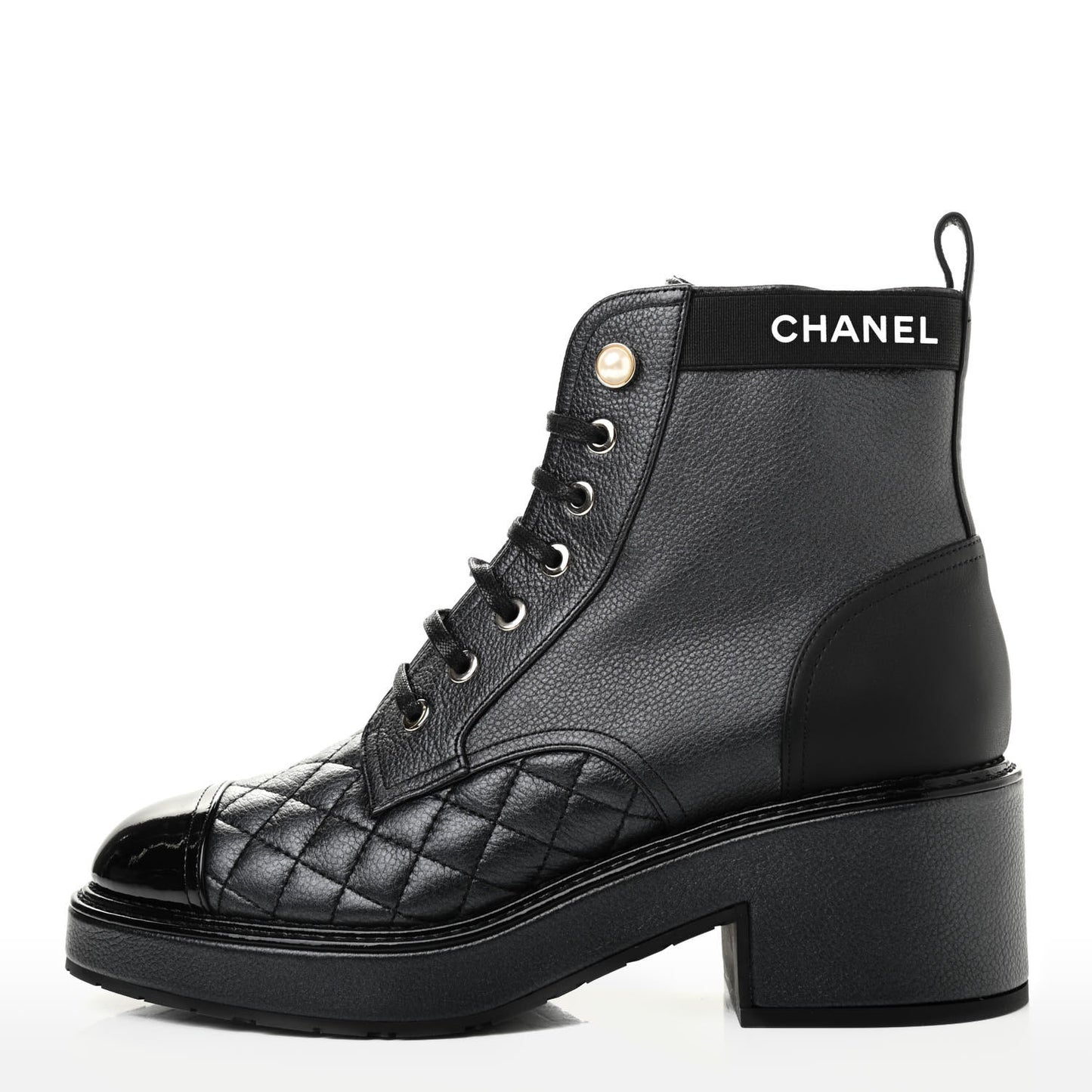 Pearly Calfskin Patent Calfskin Lace Up Combat Boots 37.5 Black