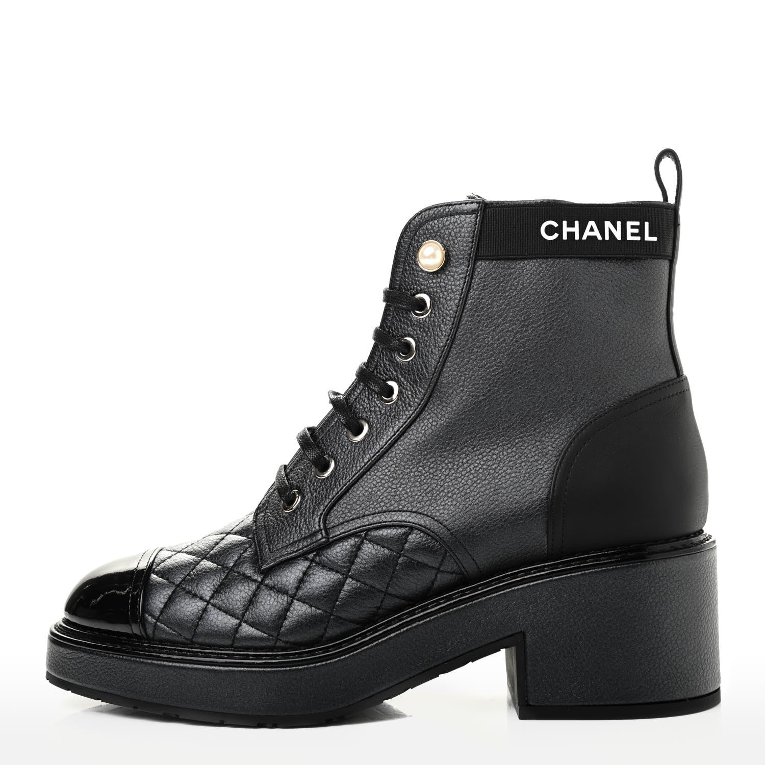 Chanel Pearly Calfskin Patent Calfskin Lace Up Combat Boots 37.5 Black 1 of 8