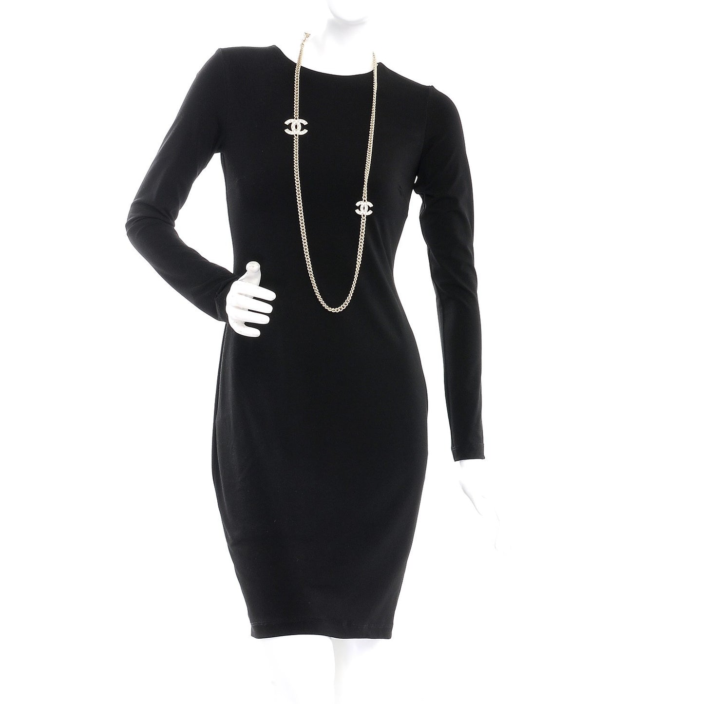 Quilted CC Long Chain Necklace Gold Pearly White