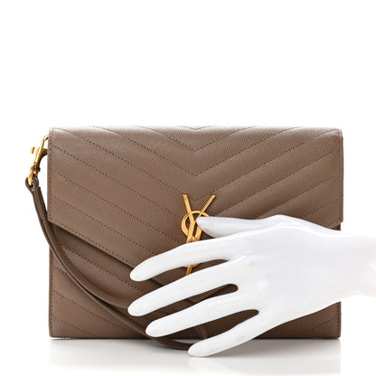 Saint Laurent Grain De Poudre Matelasse Chevron Monogram Envelope Clutch Dark Beige 2 of 8