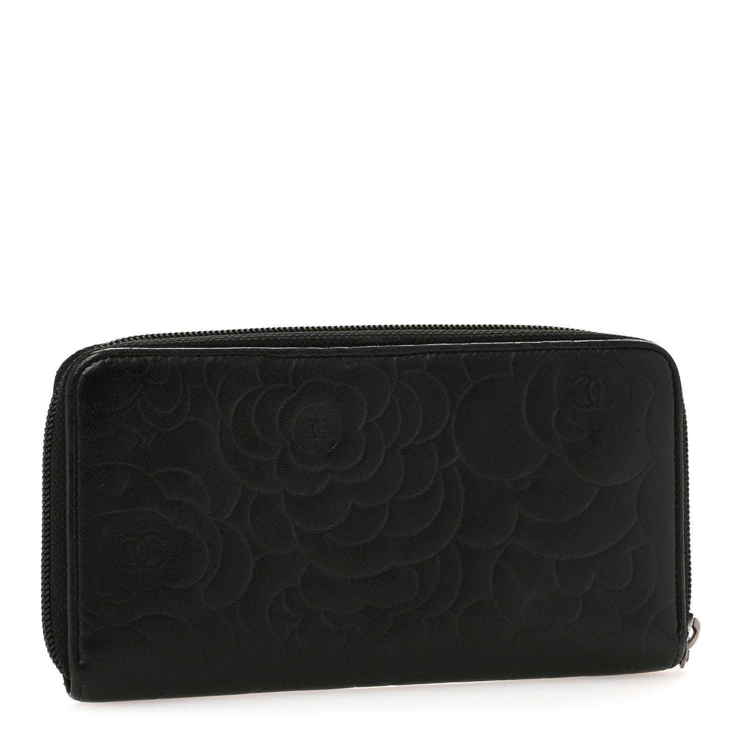 Lambskin Camellia Embossed Large Zip Around Gusset Wallet Black