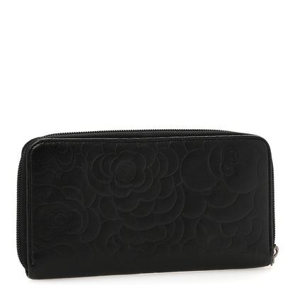 Chanel Lambskin Camellia Embossed Large Zip Around Gusset Wallet Black 3 of 13
