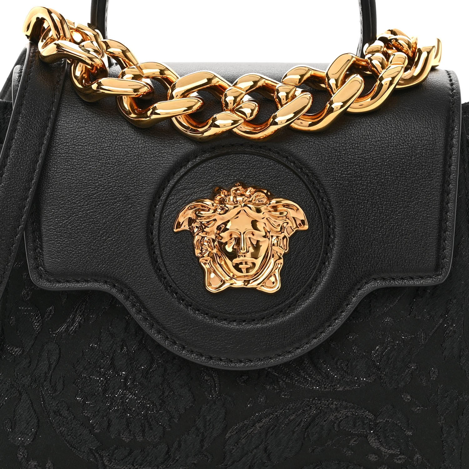 Versace Calfskin Lurex Cloquet Small La Medusa Chain Top Handle Handbag Black 7 of 10