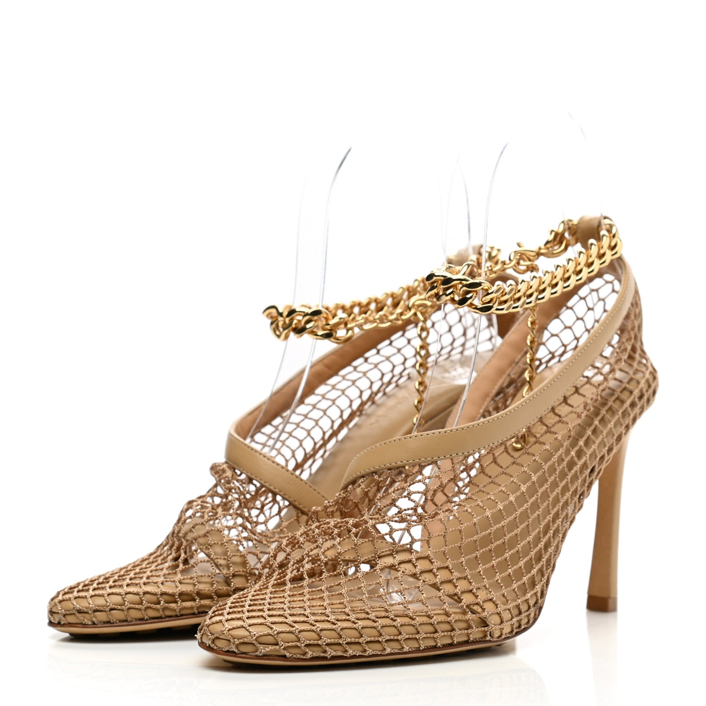 Mesh Calfskin Chain Stretch Pumps 36 Beige
