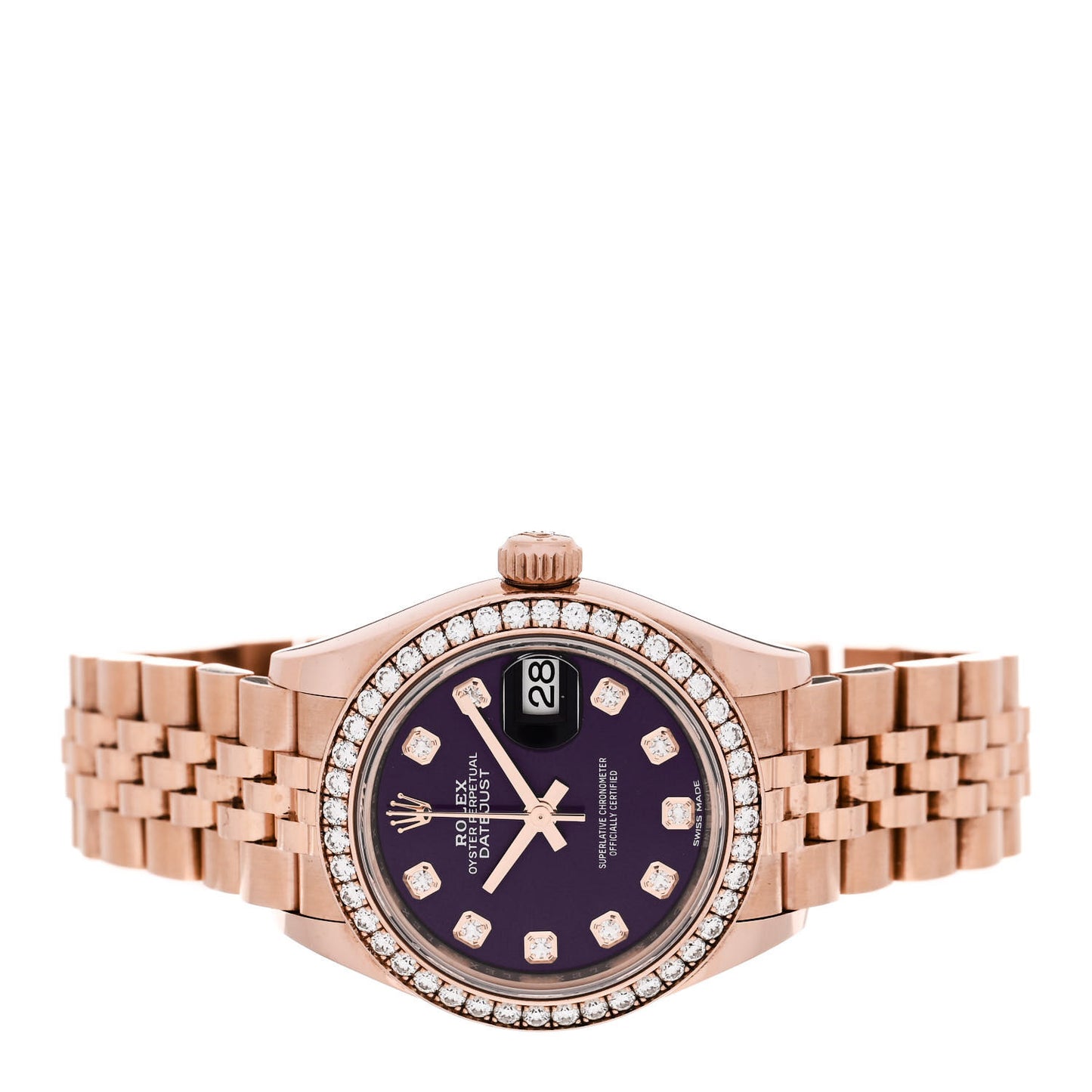 18K Everose Gold Diamond Bezel 28mm Oyster Perpetual Datejust Watch Aubergine 279135RBR