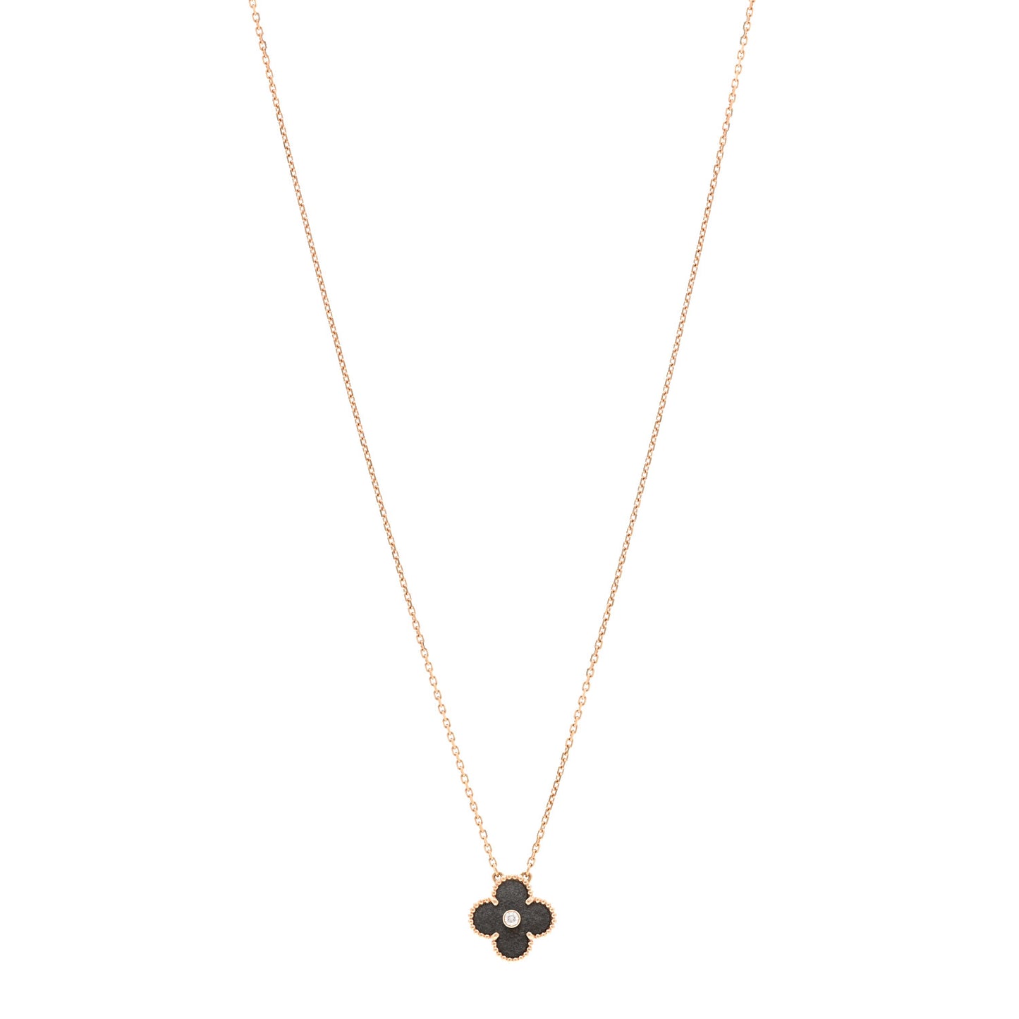 18K Rose Gold Diamond Silver Obsidian Vintage Alhambra Pendant Necklace