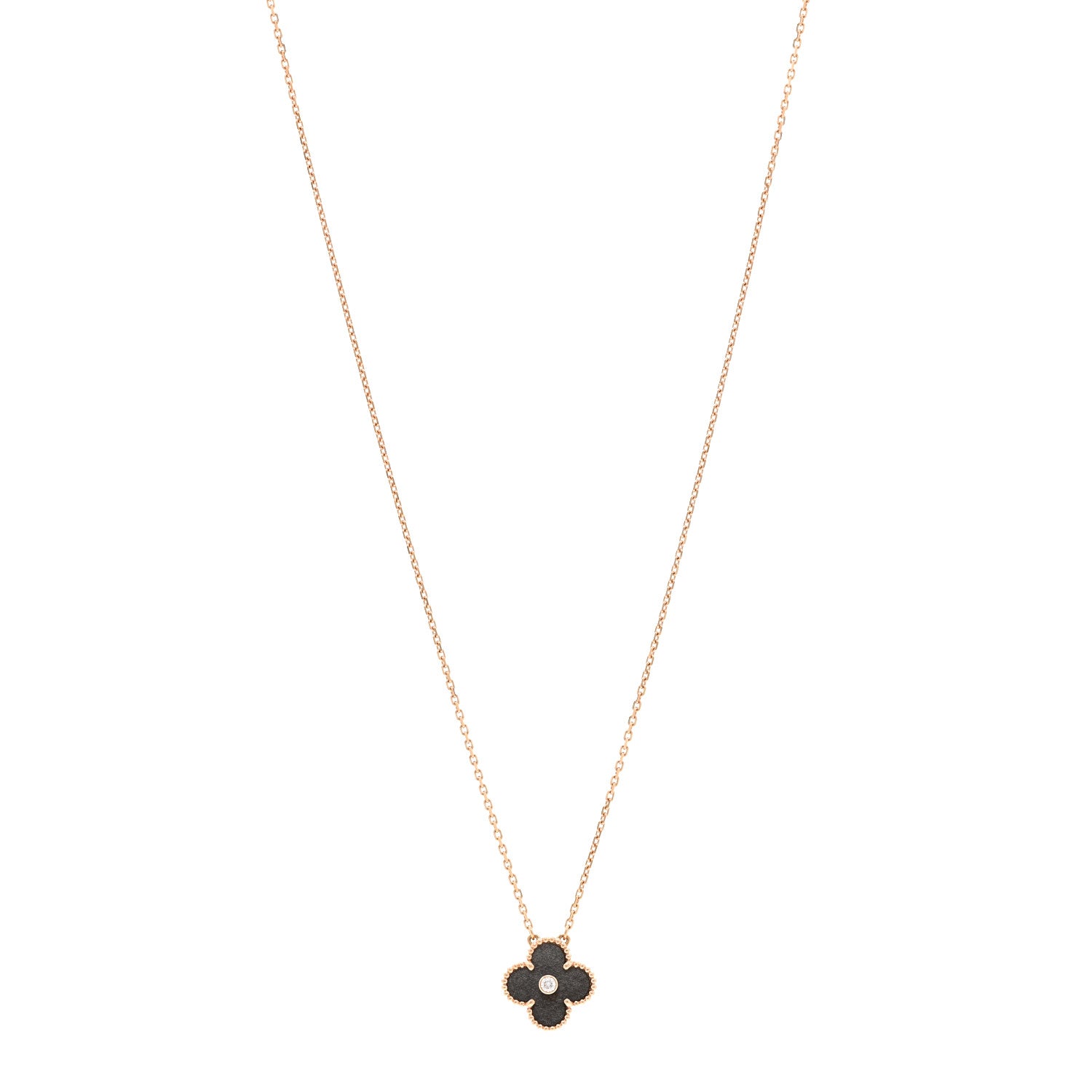 Van Cleef & Arpels 18K Rose Gold Diamond Silver Obsidian Vintage Alhambra Pendant Necklace 1 of 5