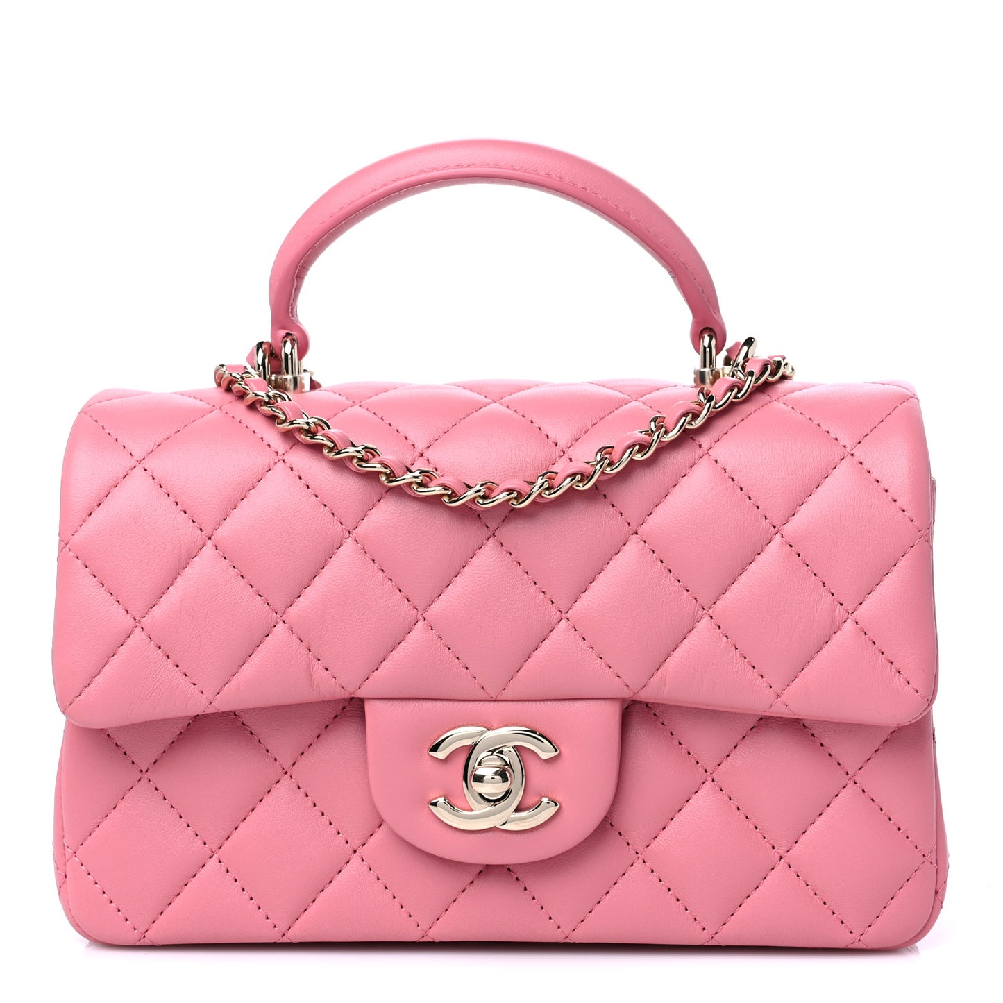 Lambskin Quilted Mini Top Handle Rectangular Flap Pink