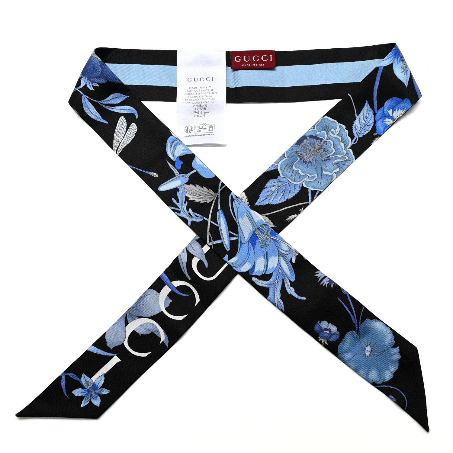Gucci Silk Twill Floral Print Neck Bow Scarf Black Blue 1 of 3