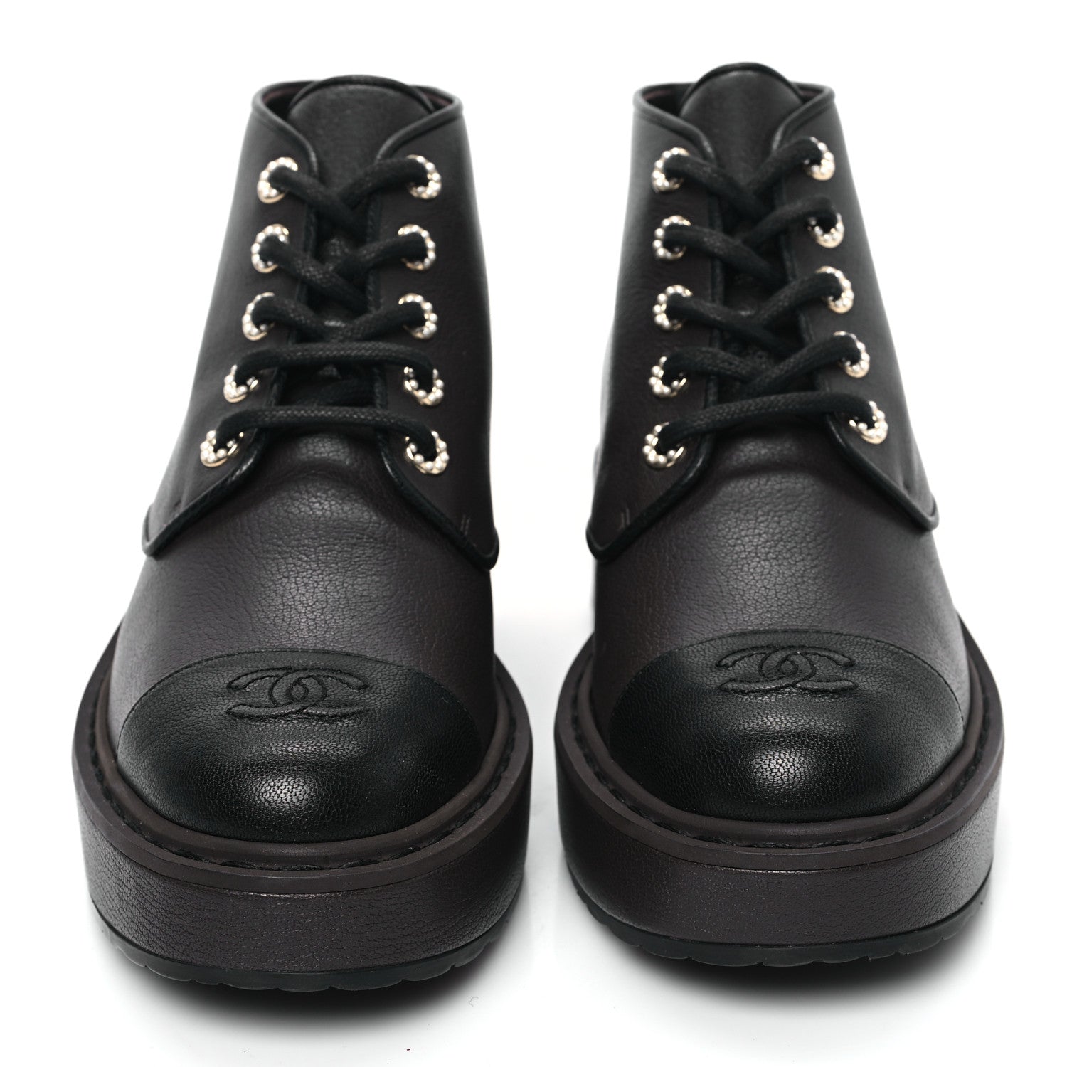 Chanel Goatskin Pearl Lace Up CC Short Boots 41 Brown Black 2 of 9
