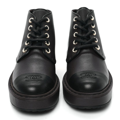 Chanel Goatskin Pearl Lace Up CC Short Boots 41 Brown Black 2 of 9