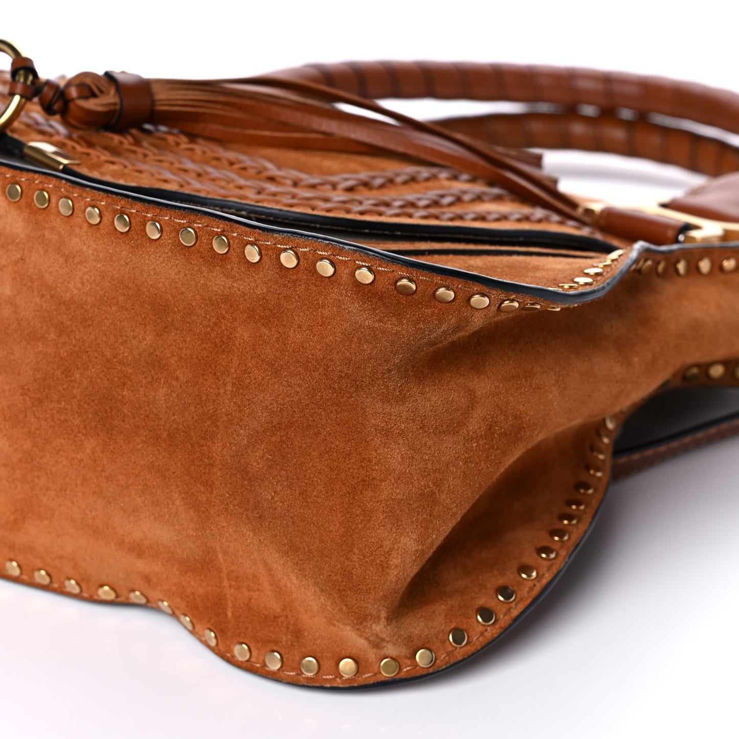 Suede Calfskin Braided Medium Marcie Satchel Caramel
