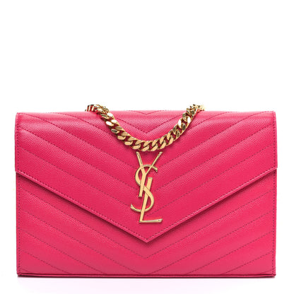 Saint Laurent Grain De Poudre Matelasse Chevron Monogram Chain Wallet Lipstick Fuchsia 1 of 12