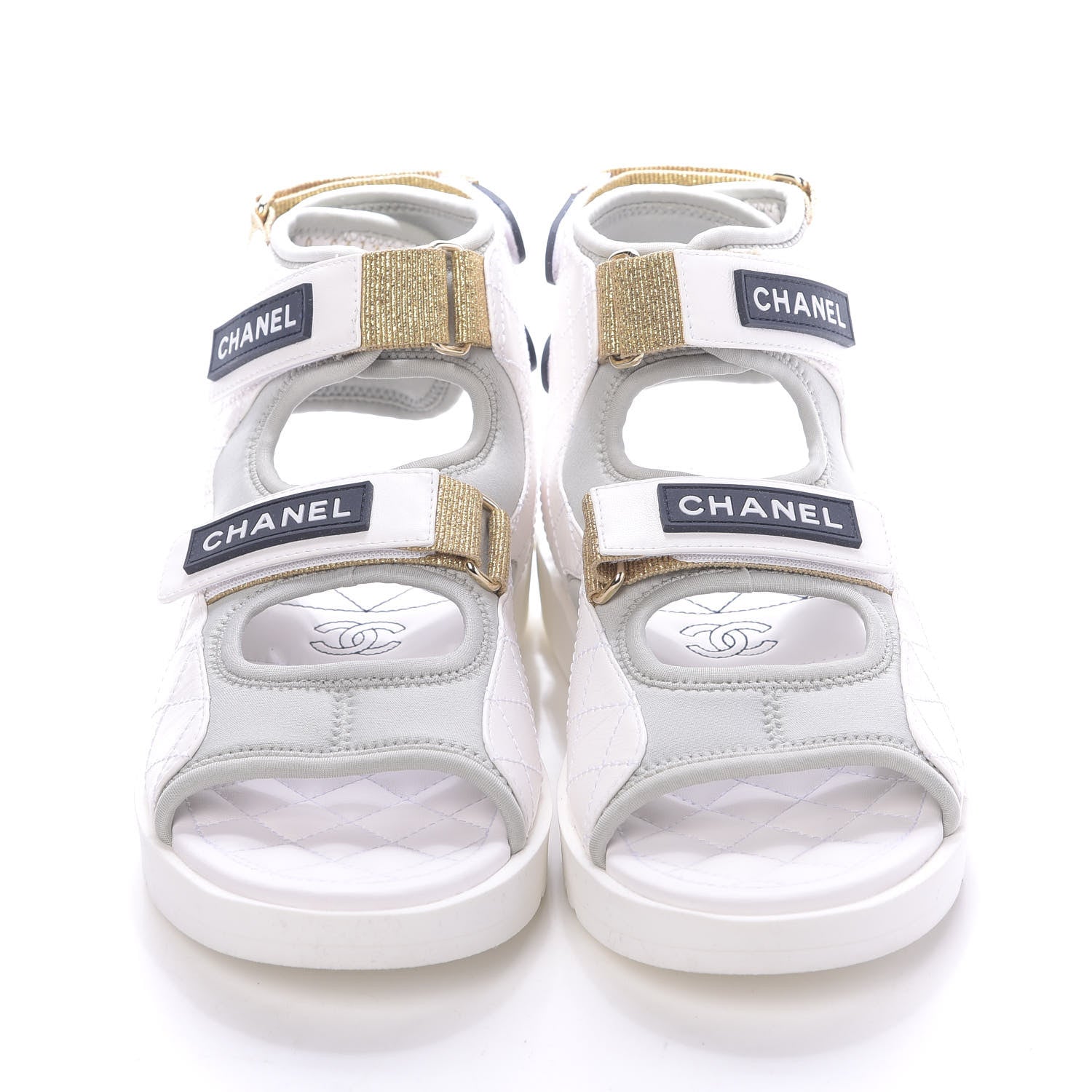 Chanel Goatskin Fabric Gladiator Sandals 39.5 White Light Grey Navy Blue 4 of 11
