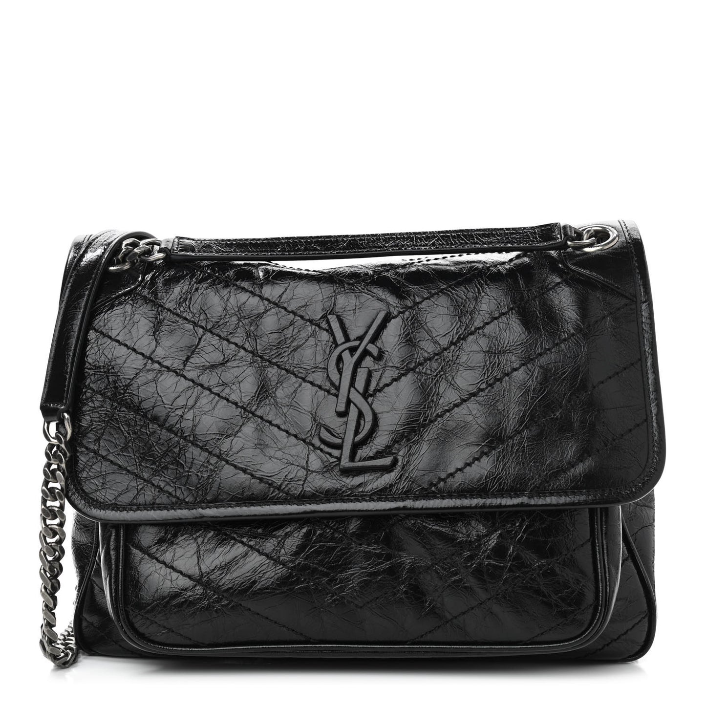 Crinkled Calfskin Matelasse Monogram Medium Niki Chain Satchel Black