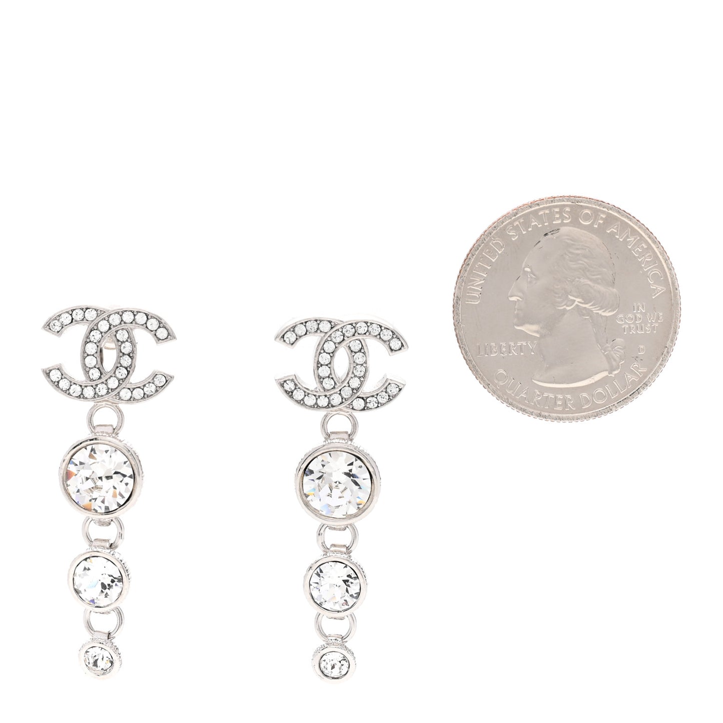 Metal Crystal CC Drop Earrings Silver