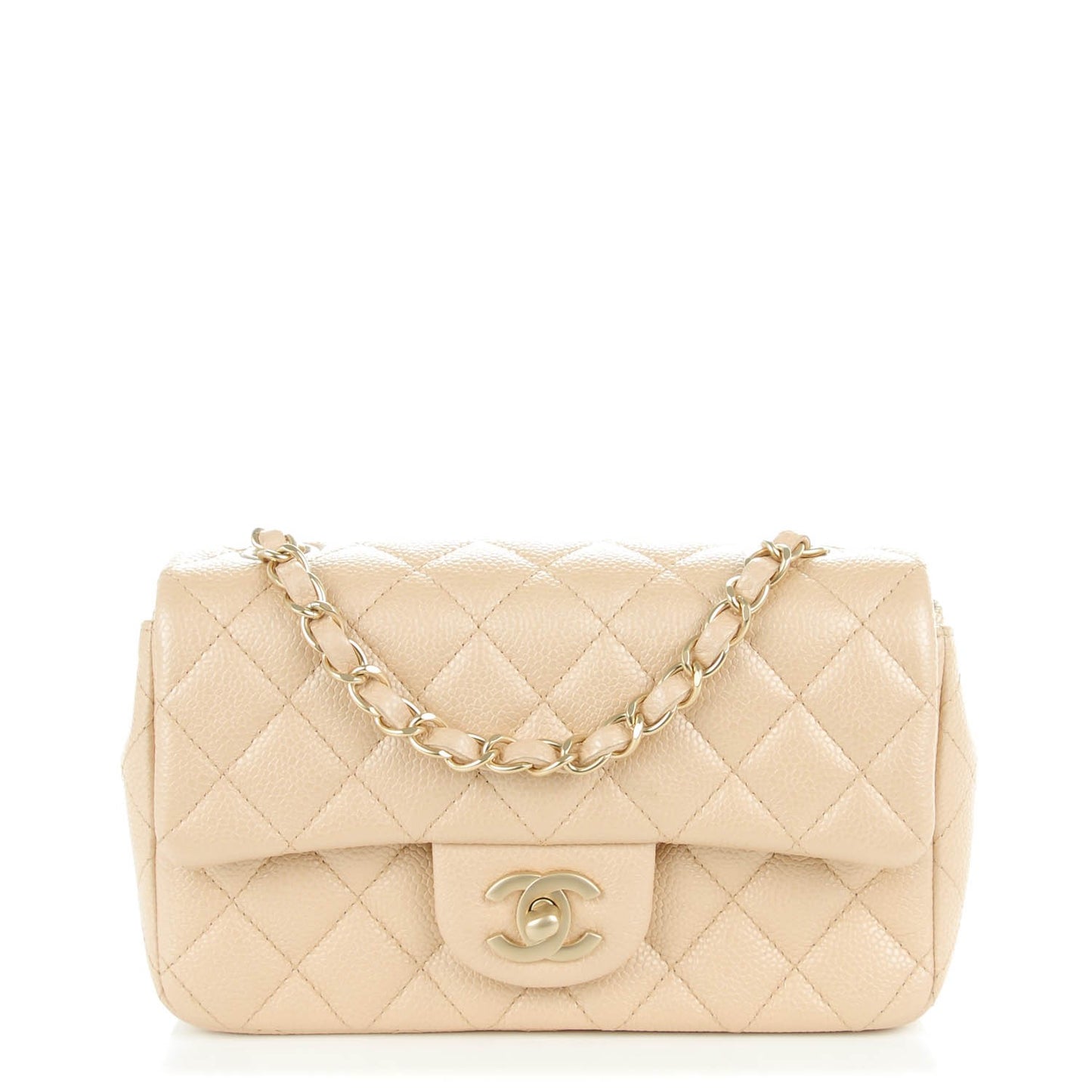 Pearly Caviar Quilted Mini Rectangular Flap Beige