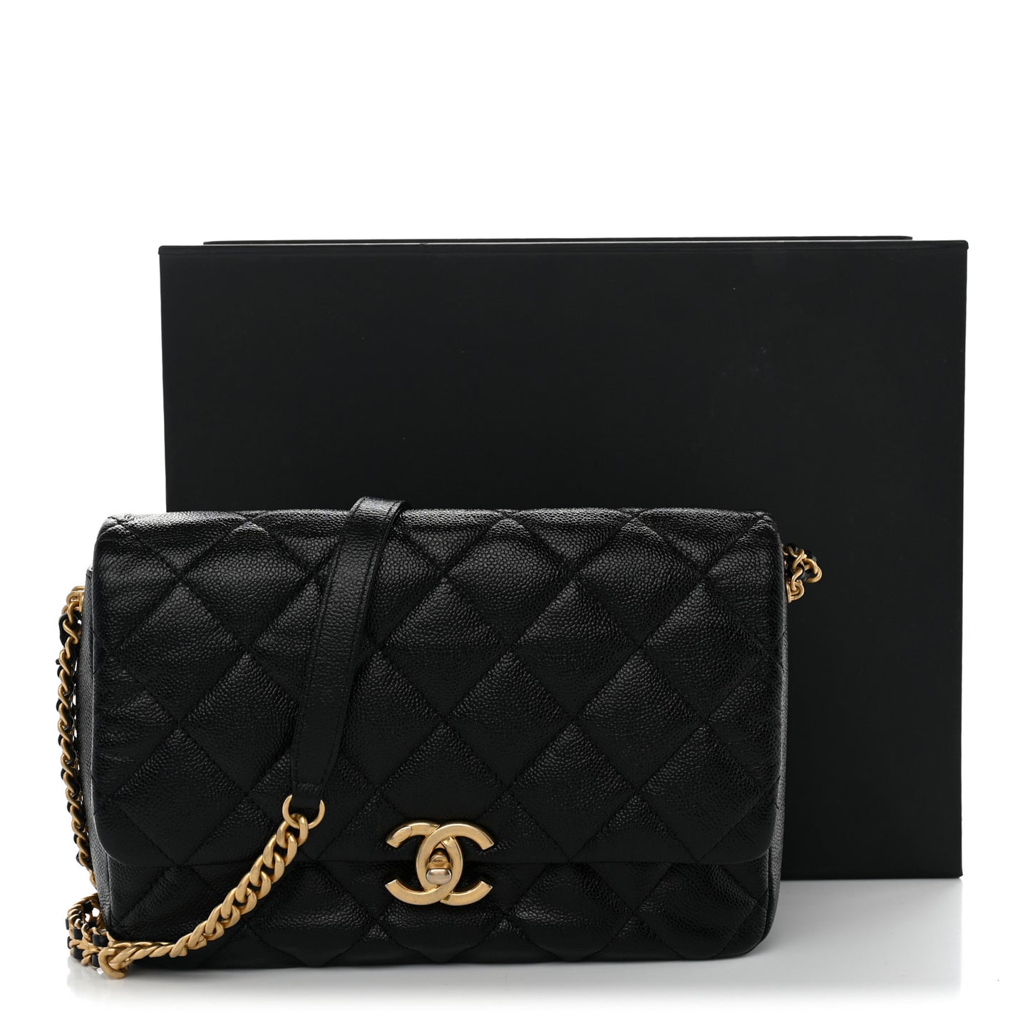 Shiny Caviar Quilted Large Chain Melody Flap Black