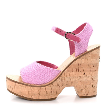 Chanel Tweed Cork CC Wedge Sandals 38 Pink 1 of 10
