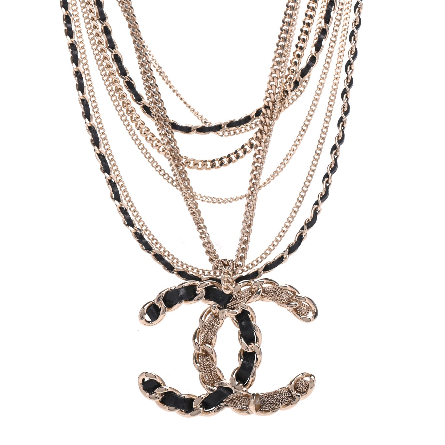 Pearl Lambskin Chain CC Multi Strand Necklace Gold Black