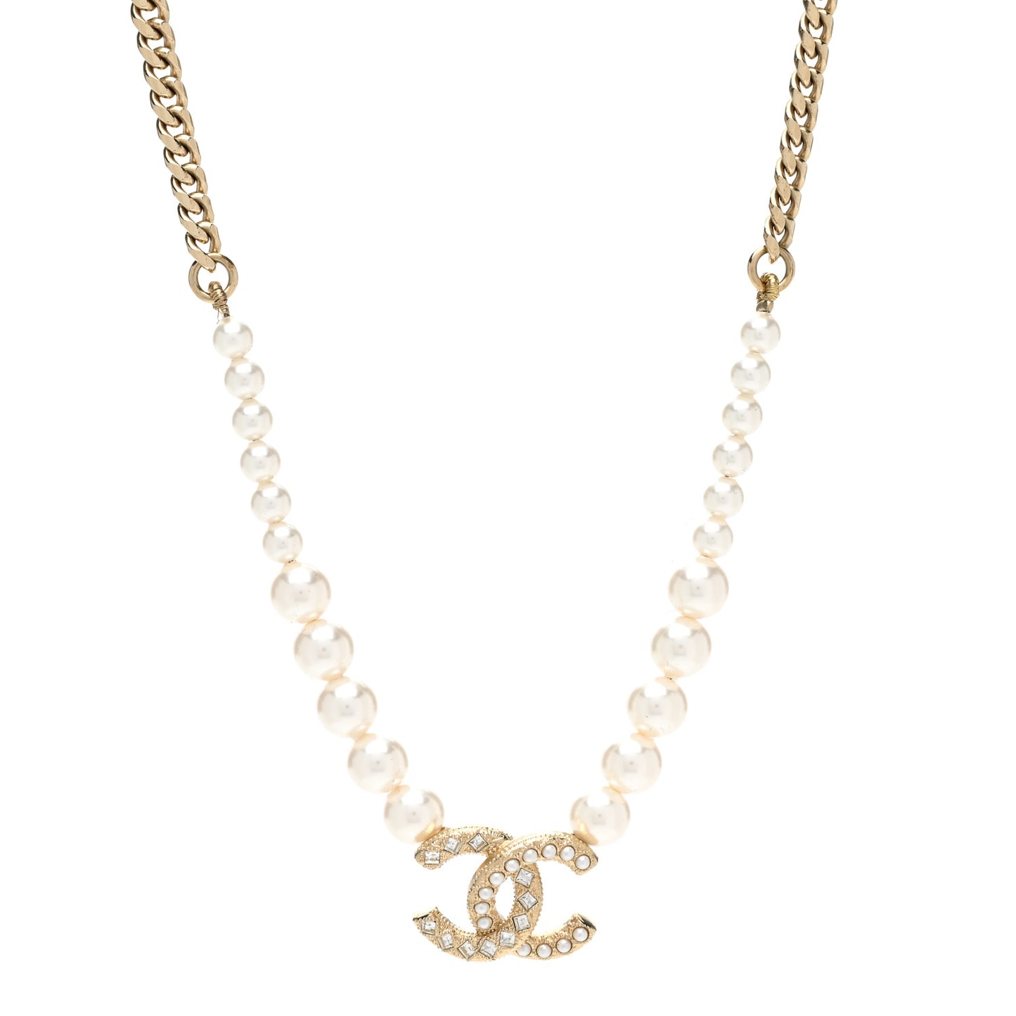 Pearl Crystal Chain CC Necklace Gold