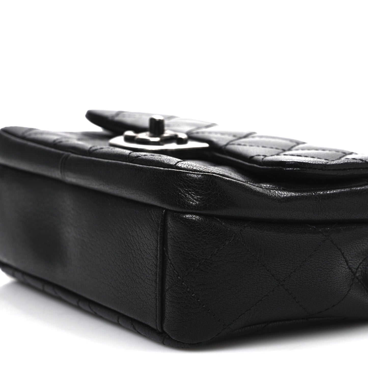 Shiny Goatskin Quilted Small Double Carry Waist Chain Flap Black