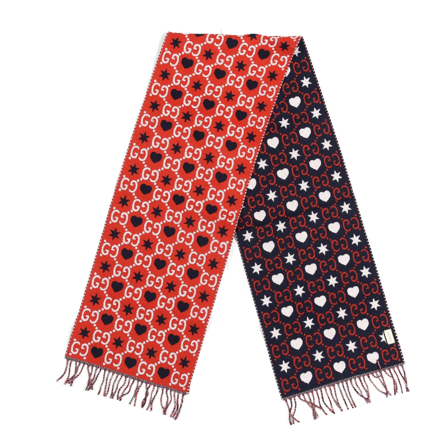 Gucci Wool Jacquard GG Monogram Hearts Scarf Red Blue 2 of 3