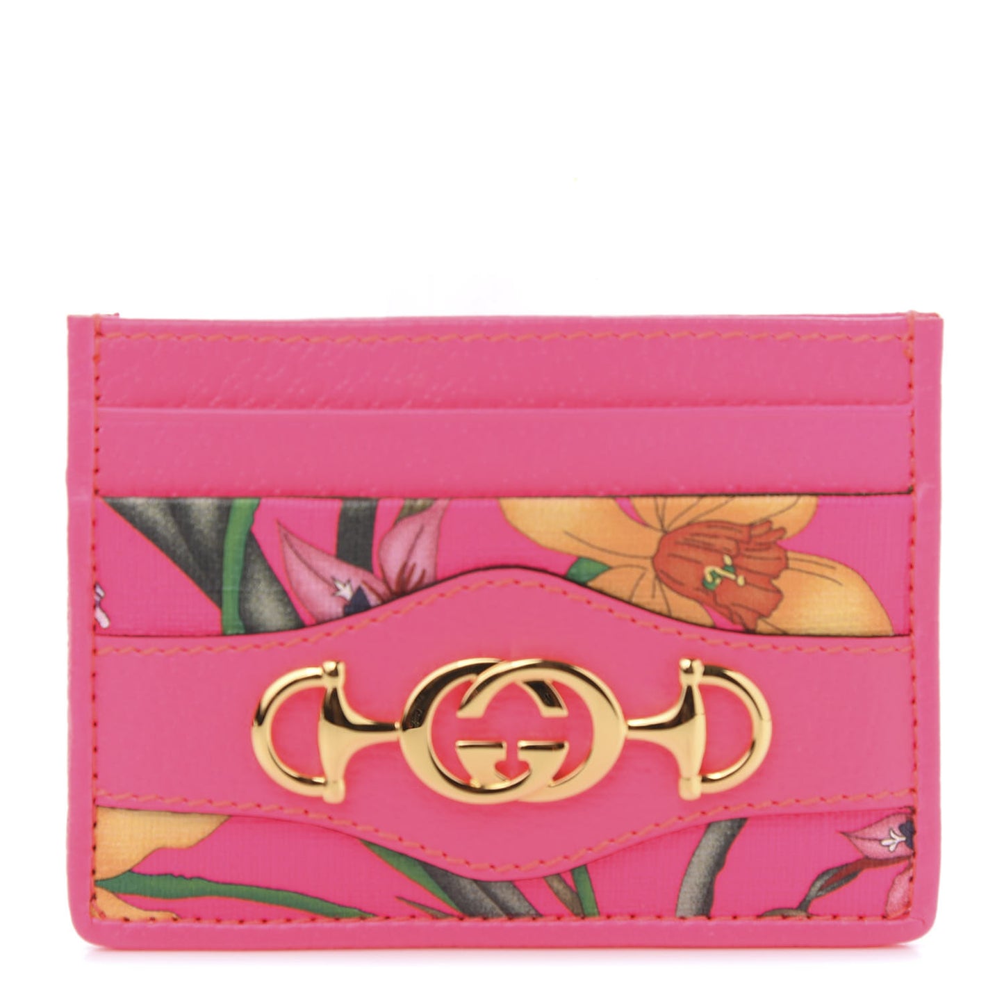 Calfskin Flora Print Zumi Card Holder Fuxia Fluo