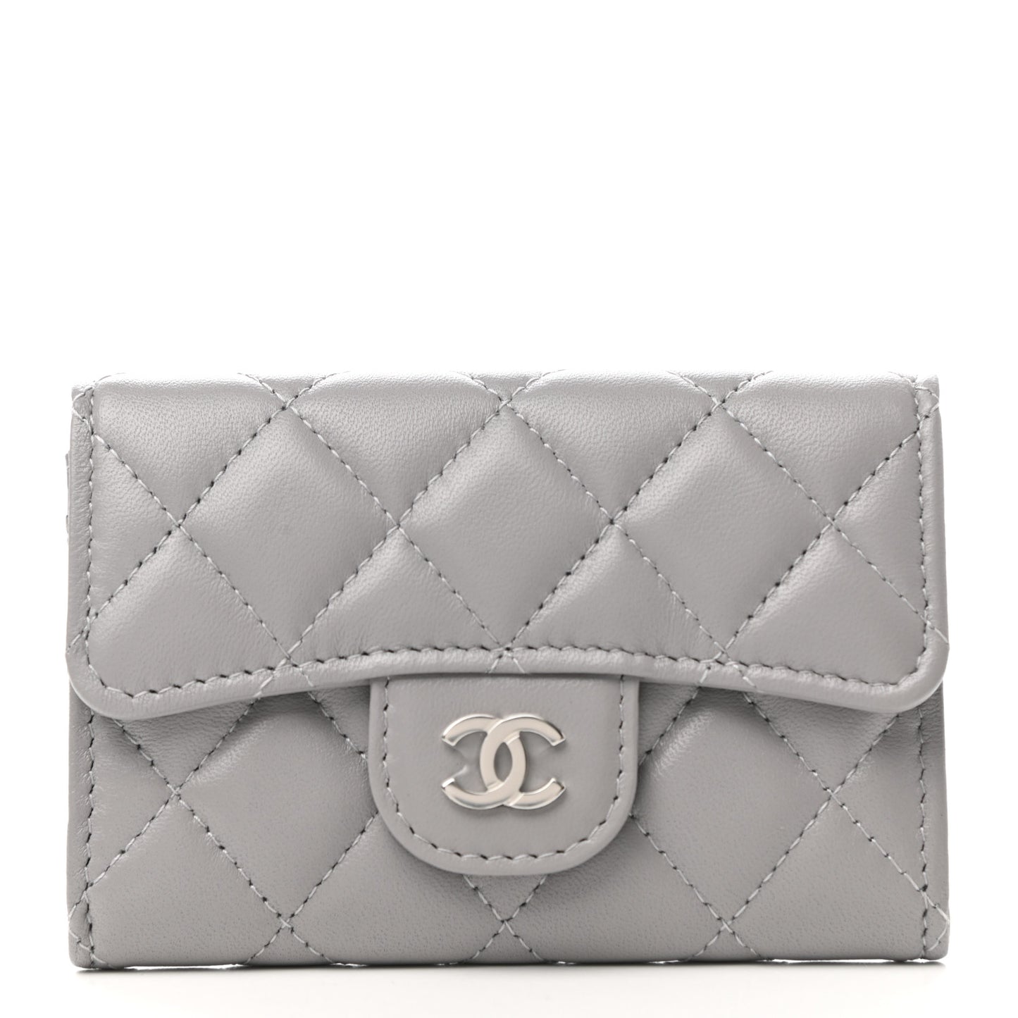 Lambskin Quilted Flap Card Holder Wallet Grey