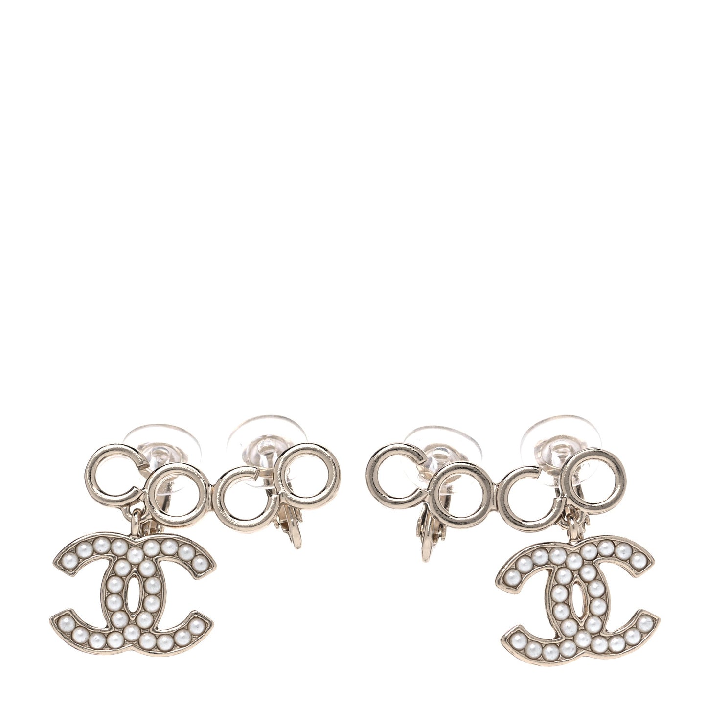 Metal Pearl CC Coco Climber Clip On Earrings Gold