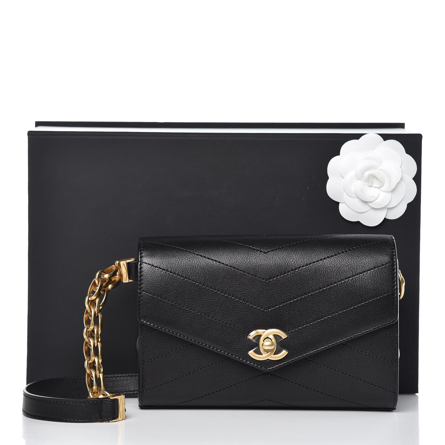 Calfskin Chevron Stitched Coco Waist Bag Black