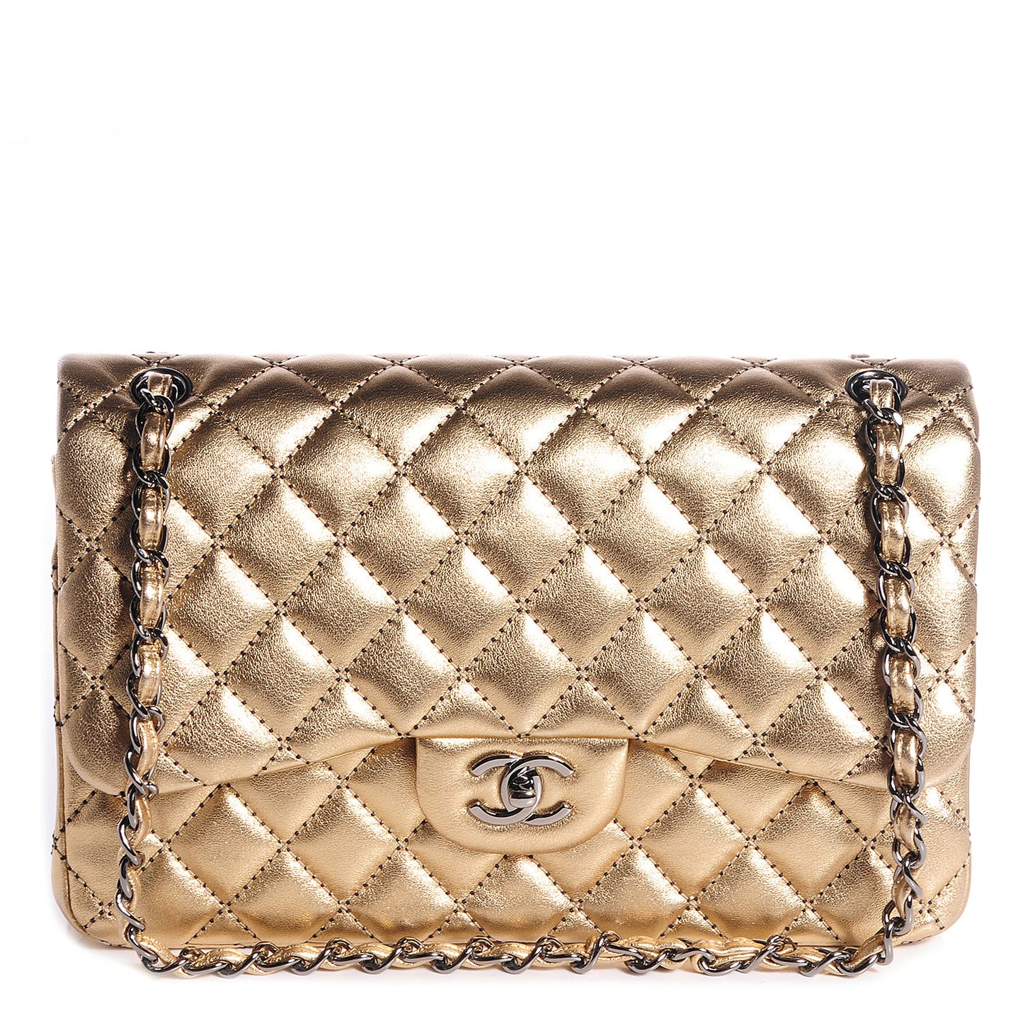 Metallic Washed Lambskin Quilted Jumbo Double Flap Dark Gold Black