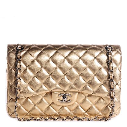 Chanel Metallic Washed Lambskin Quilted Jumbo Double Flap Dark Gold Black 1 of 8