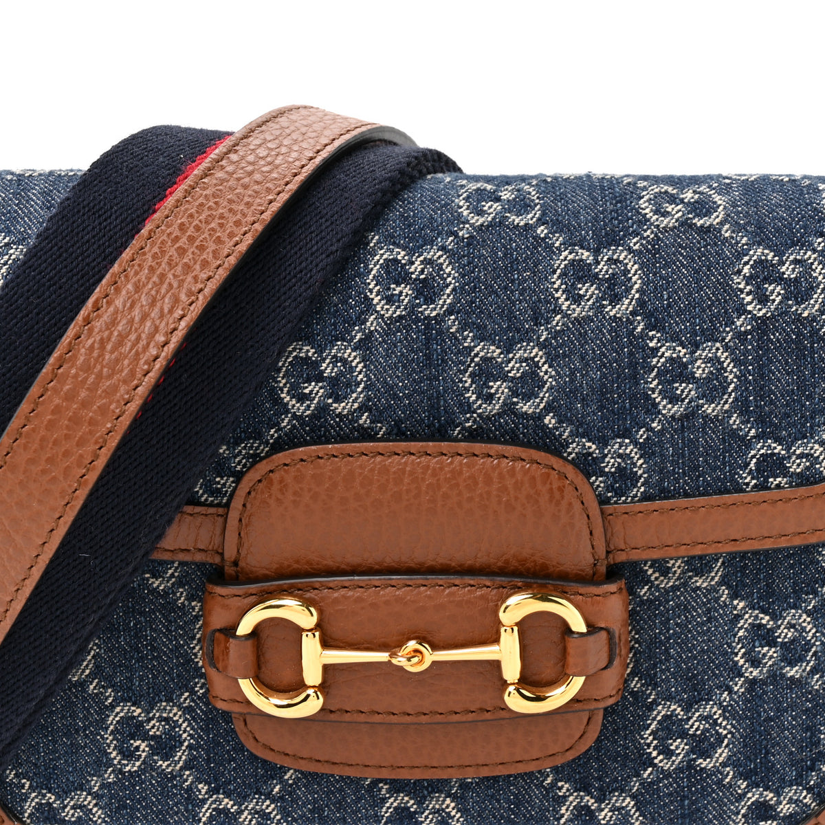 New Denim GG Monogram Dollar Calfskin Web Mini Horsebit 1955 Shoulder Bag Blue Tea Cuir Epilog